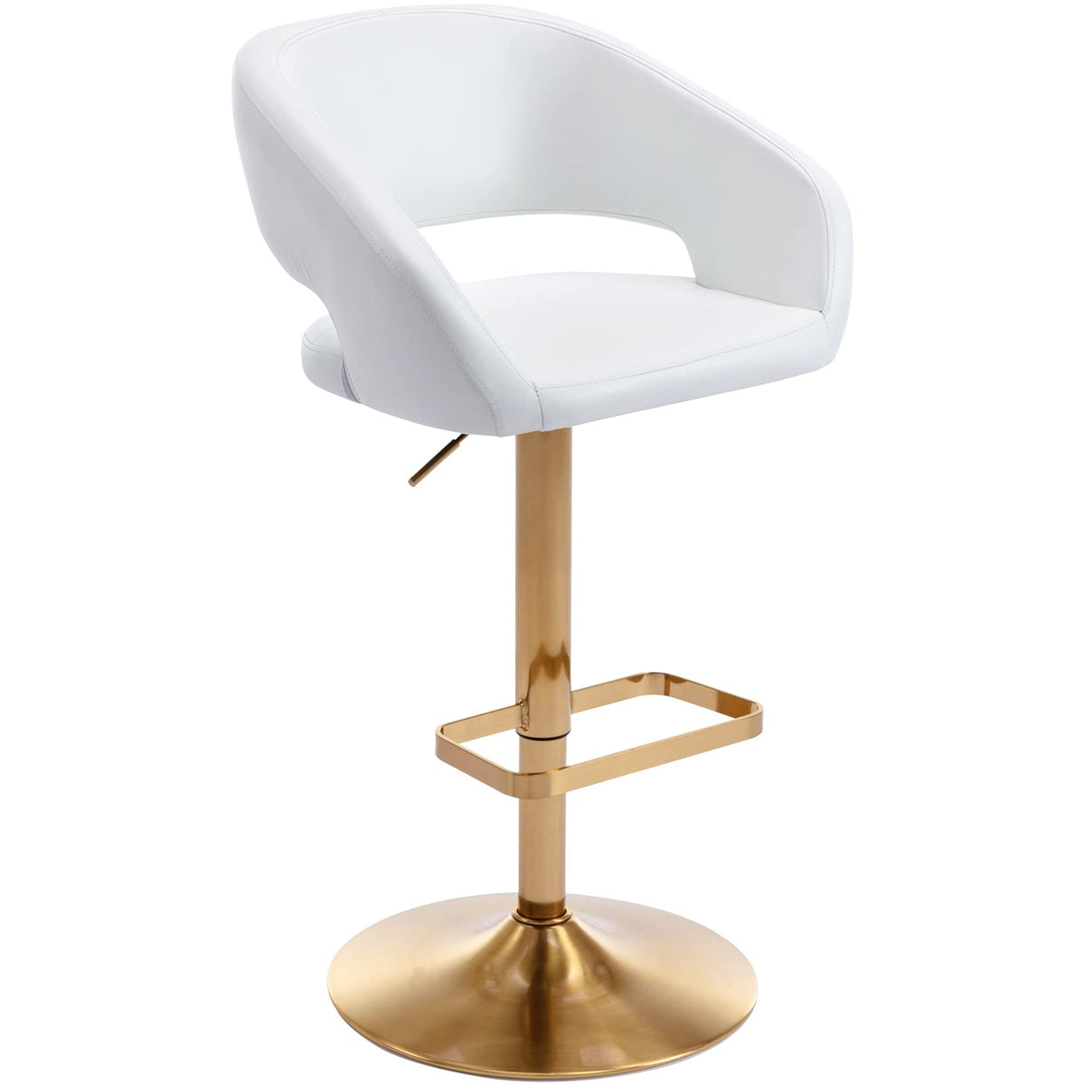 Vogue Furniture Direct Adjustable Bar Stool With Hollow Back And Arms, Modern Pu Leather Swivel Barstool, Airlift Counter Height Bar Chair For Kitchen Dining Room (Pearl White, Gold Base)