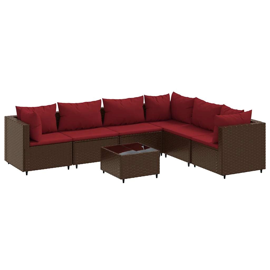 vidaXL Patio Lounge Set 7 Piece - Brown Poly Rattan Sectional Sofa with Cushions and Tempered Glass Table - Outdoor Garden Terrace Furniture