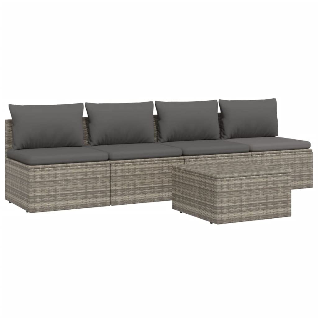 vidaXL 5-Piece Patio Lounge Set with Cushions - Modern Outdoor Furniture Set with Poly Rattan Material, Steel Frame, Comfortable Cushions & Storage Space - Gray