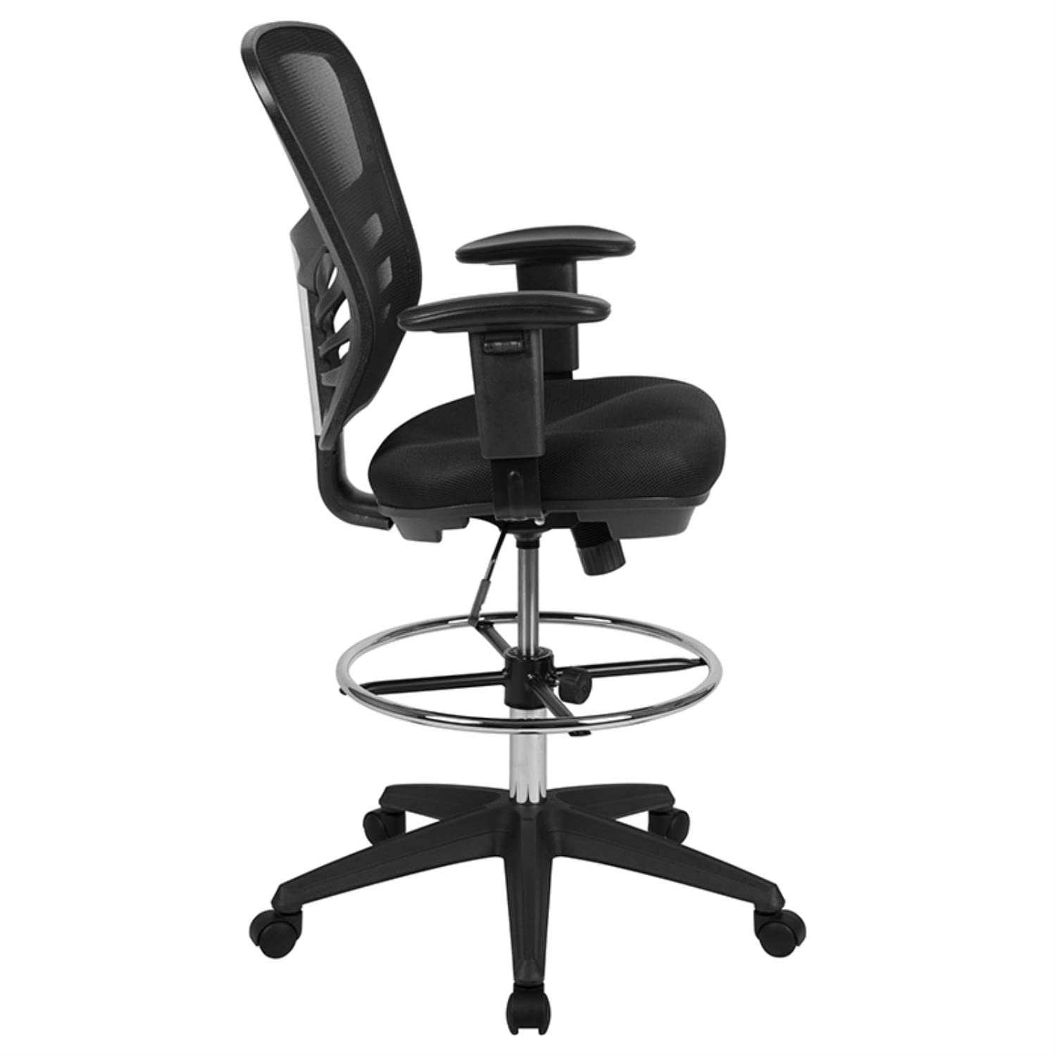 Flash Furniture Tyler Mid-Back Black Mesh Ergonomic Drafting Chair With Adjustable Chrome Foot Ring, Adjustable Arms And Black Frame
