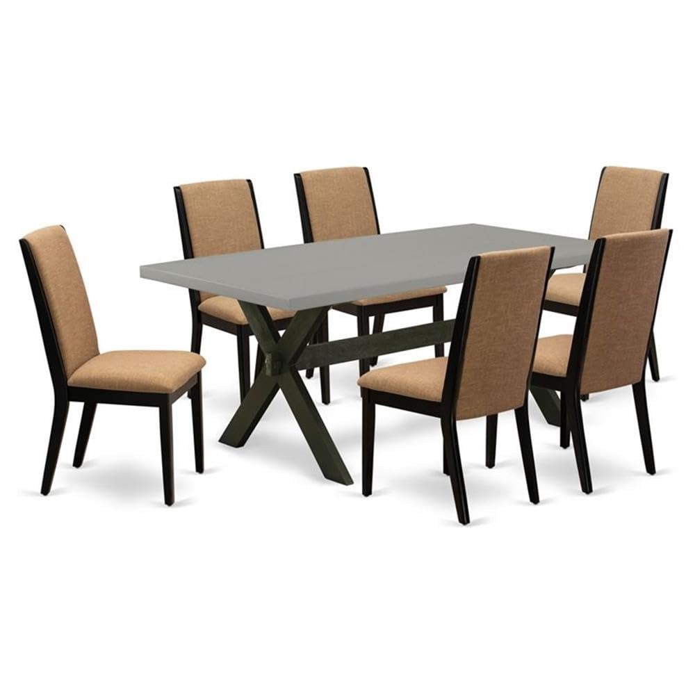 East West Furniture X697La147-7 7 Piece Modern Dining Table Set Consist Of A Rectangle Wooden Table With X-Legs And 6 Light Sable Linen Fabric Upholstered Chairs, 40X72 Inch, Multi-Color