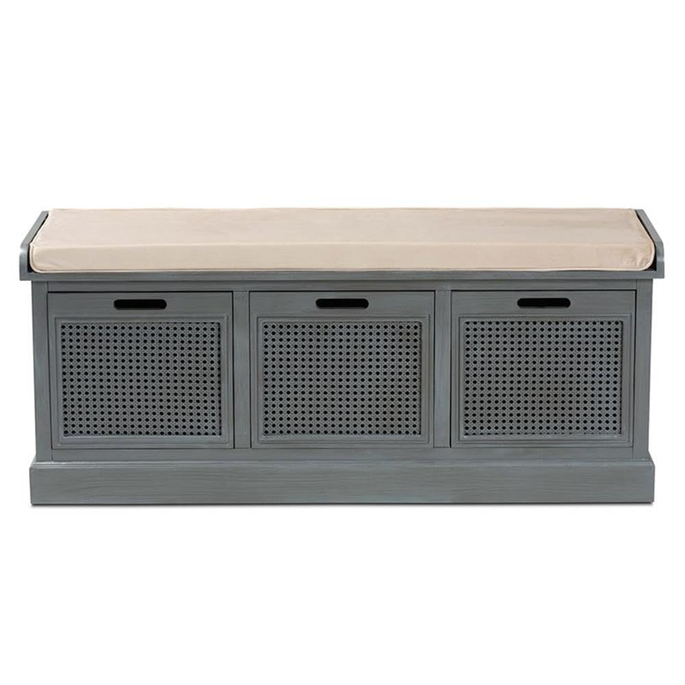 Baxton Studio Sheldon Beige Fabric and Gray Finished Wood Rattan 3-Drawer Bench