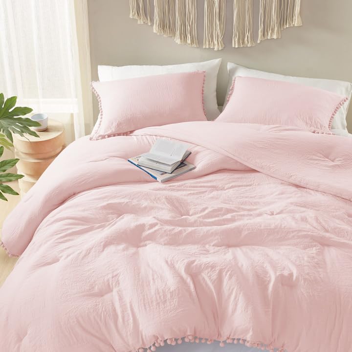 Codi Pink Comforter Set Queen - Boho Aesthetic Pom Fringe Bedding for Teen Girls, Cute Soft Washed Microfiber Blush Bed Sets, Li