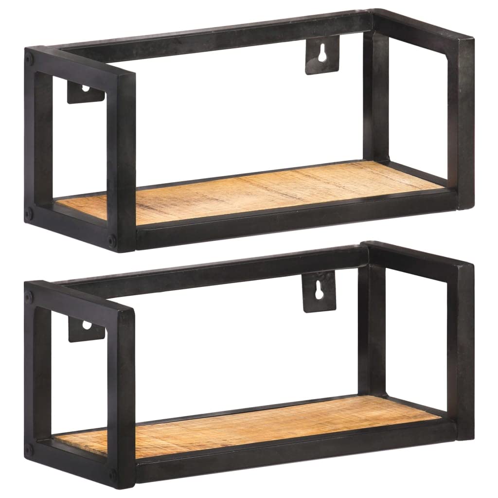 vidaXL Industrial Style Wall Shelves - Set of 2-15.7&quot; Solid Acacia Wood with Black Powder-Coated Iron Frame - Easy to Assemble - Brown