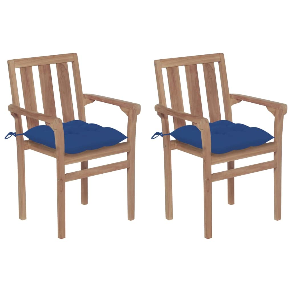 vidaXL 2X Solid Teak Wood Patio Chairs with Blue Cushions