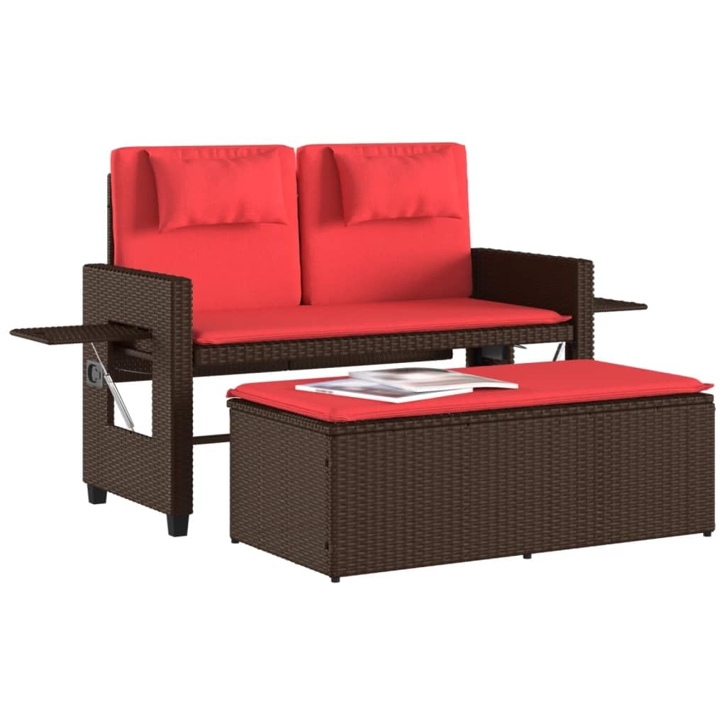 vidaXL Poly Rattan Reclining Patio Bench w/Cushions - Outdoor Convertible Loveseat/Sofa Bed, Brown, Weather-Resistant, Adjustable