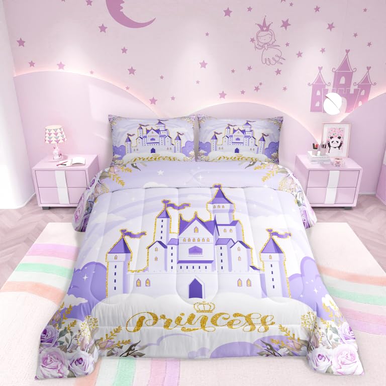 Manfei Princess Kids Comforter Set Full Size,Purple Castle Dreamy Girls Duvet Set Cute Bedroom Decor,Garden Flowers Fairy Tale T