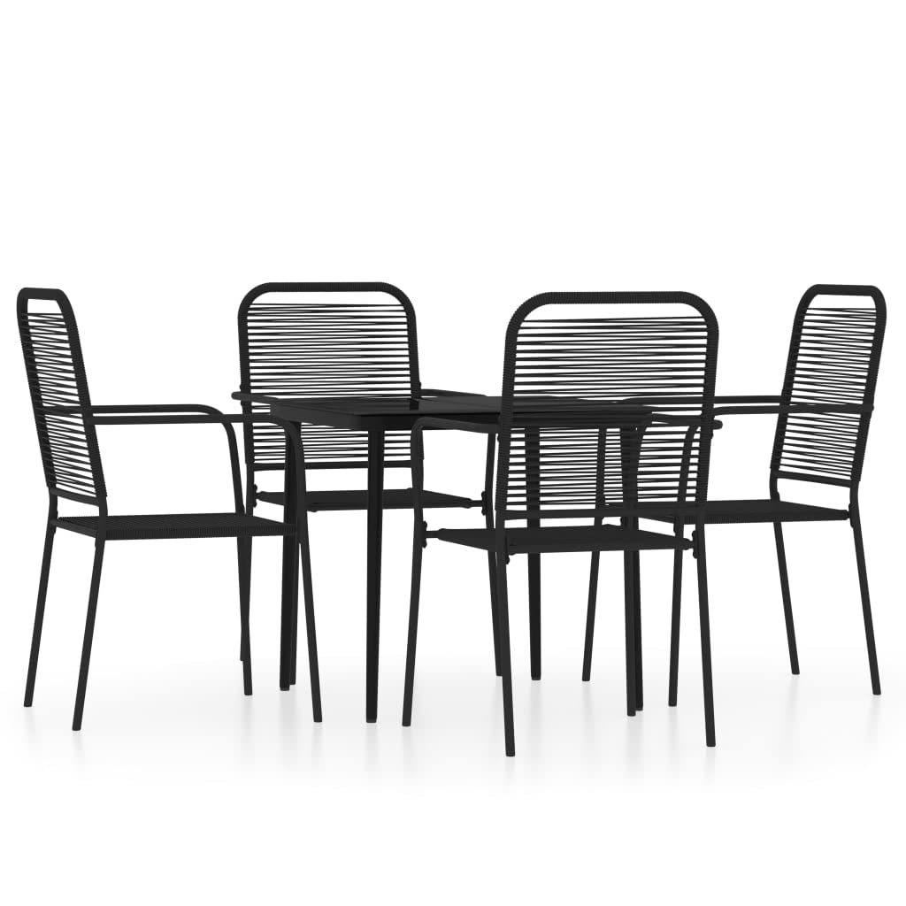 vidaXL Black 5 Piece Patio Dining Set - Powder Coated Steel Frame and Cotton Rope Chairs with Glass Top Table - Suitable for Outdoor and Indoor Use