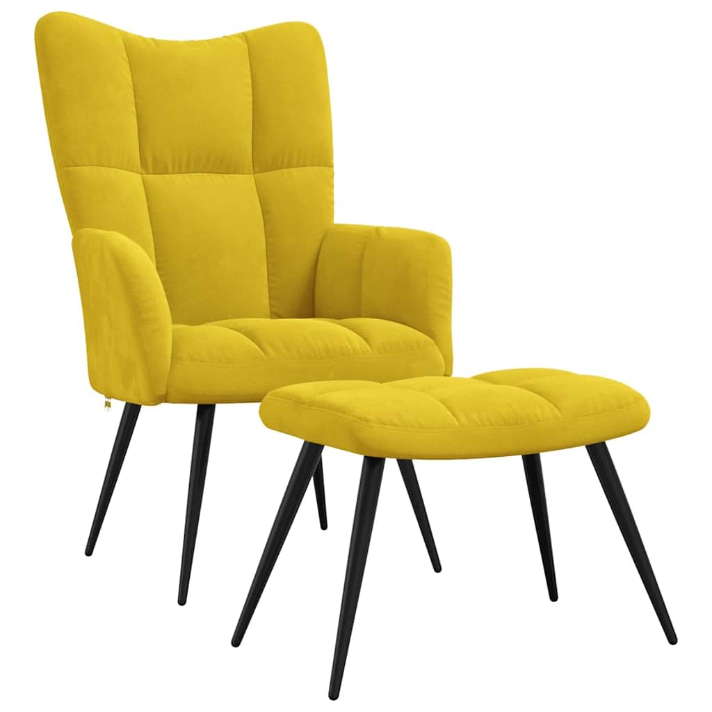 vidaXL Modern Relaxing Chair with Stool – Mustard Yellow Velvet Upholstery, Steel Frame, Thickly Padded for Optimal Comfort, Perfect for Living Room, Office or Lounge Area