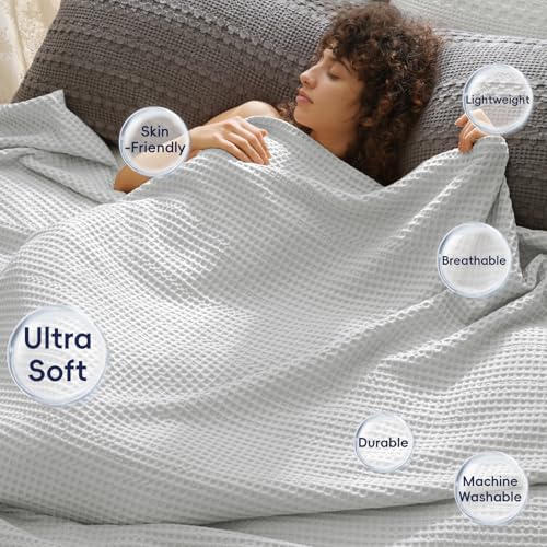 Phf Ultra Soft Waffle Weave Blanket Twin Size 66'X 90'- Washed Lightweight Breathable Cozy Woven Blanket For Bed - Aesthetic Decor For Couch Bedding Sofa Home Car - Light Grey