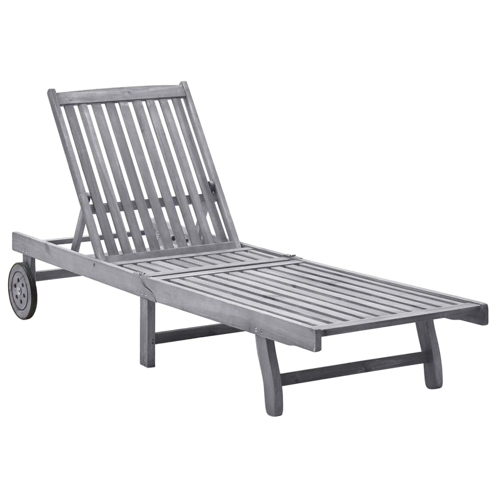 vidaXL Solid Acacia Wood Sun Lounger with Adjustable Backrest and Wheels, Gray Wash Finish, Outdoor Relaxation, Garden Patio Pool Lounger Bed, Easy to Assemble