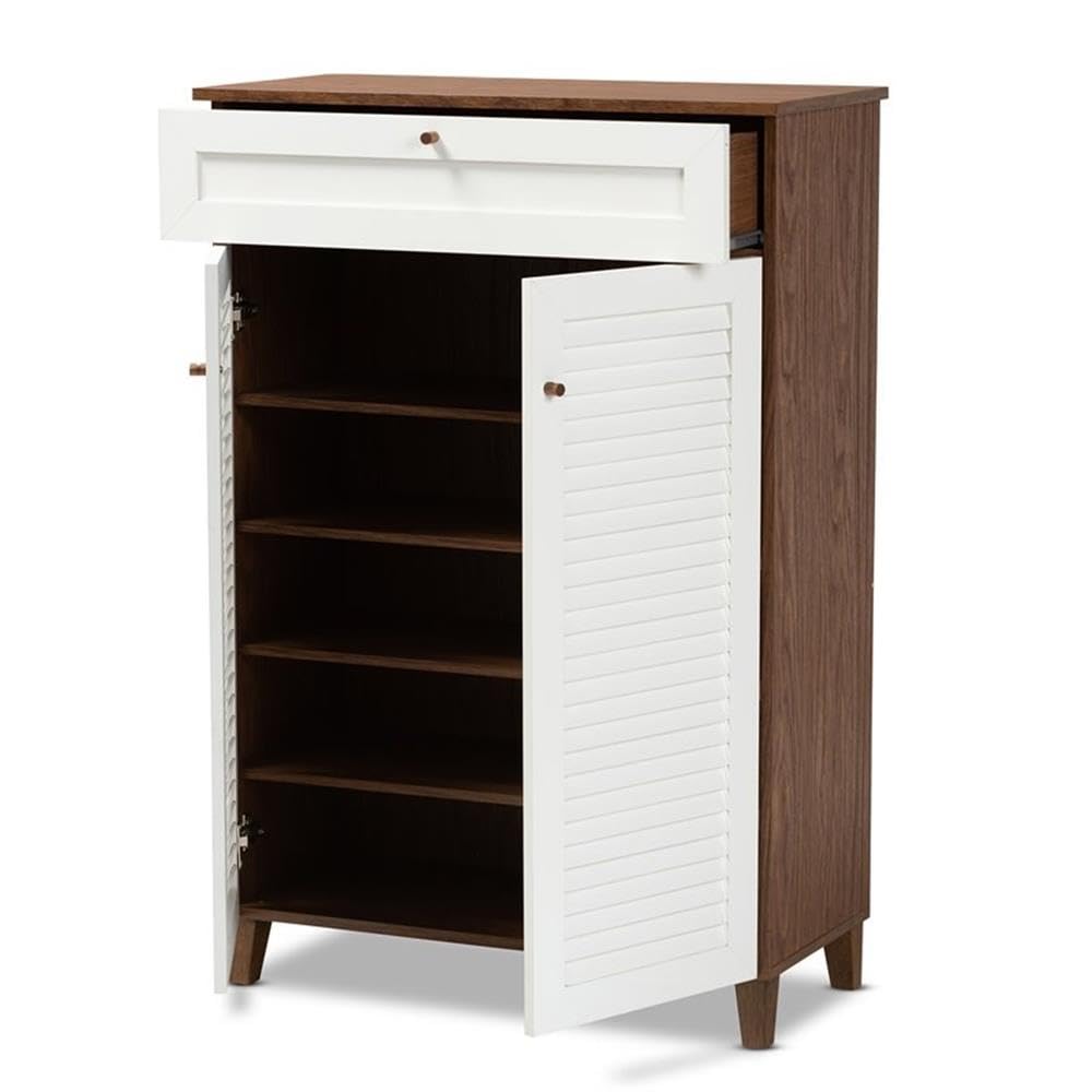 Baxton Studio Coolidge White and Walnut 5-Shelf Wood Shoe Cabinet with Drawer
