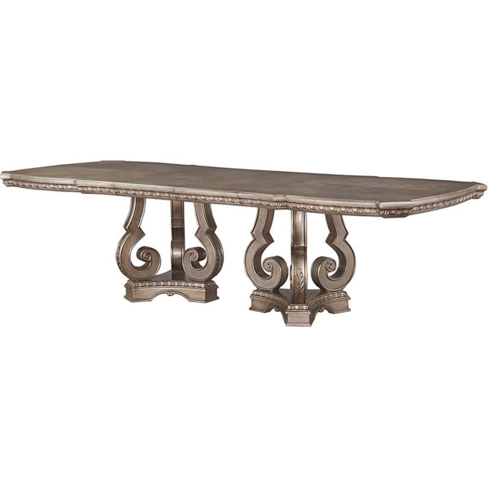 Acme Northville 112" Rectangular Wooden Pedestal Dining Table in Antique Silver