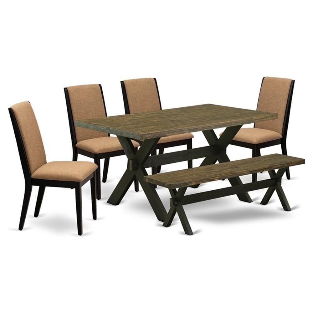 East West Furniture X676La147-6 6 Piece Dining Table Set Contains A Rectangle Wooden Table With X-Legs And 4 Light Sable Linen Fabric Parson Chairs With A Bench, 36X60 Inch, Multi-Color