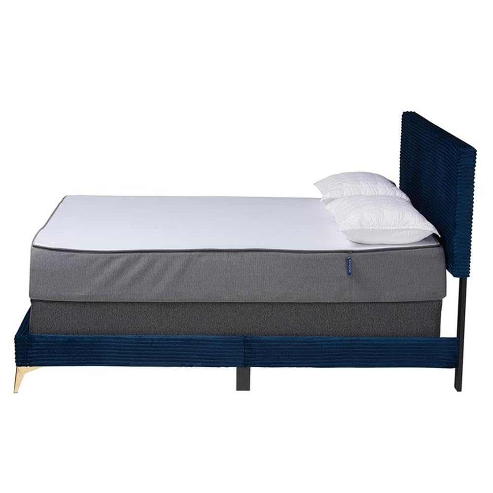 Baxton Studio Abberton Navy Blue Velvet and Gold Metal Queen Size Panel Bed