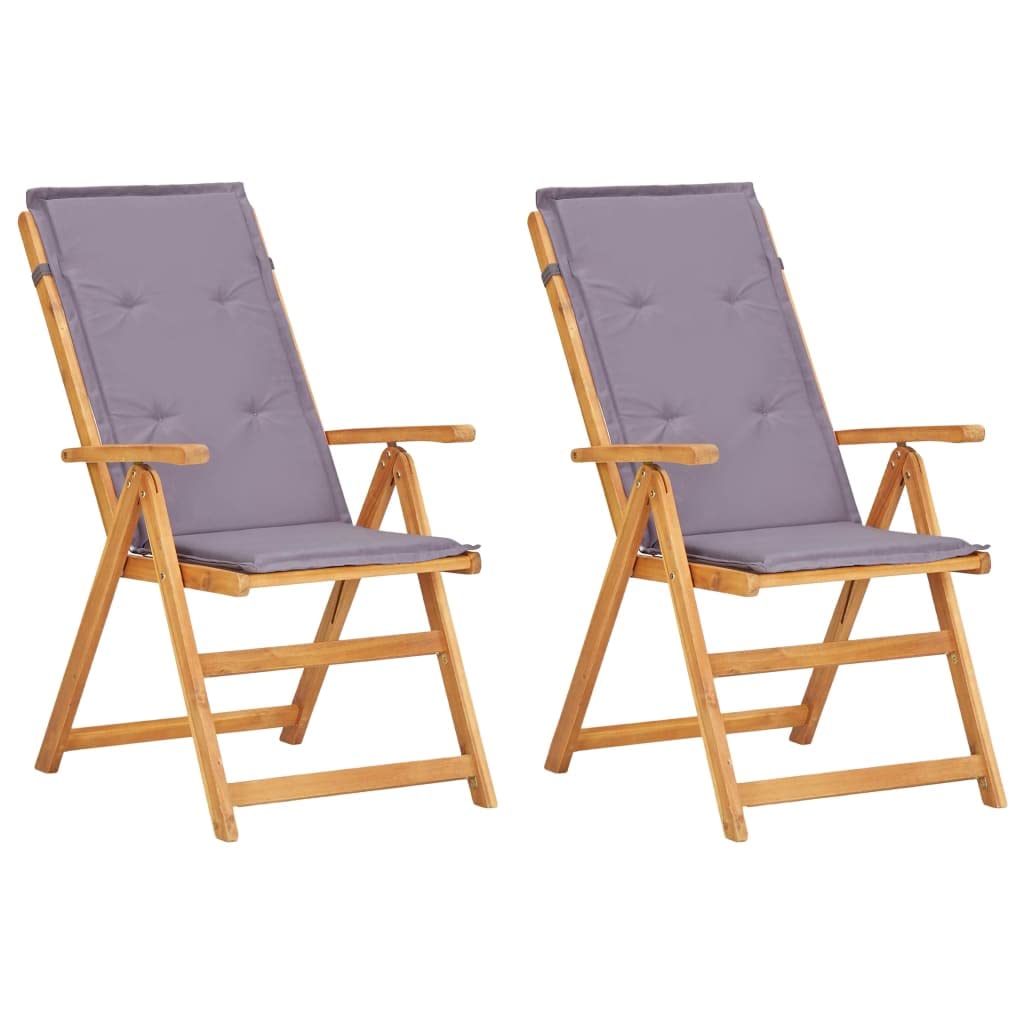 vidaXL Patio Chairs Set of 2 - Dark Gray - Weather-Resistant Solid Acacia Wood - Foldable and Reclining with Cushions for Comfort