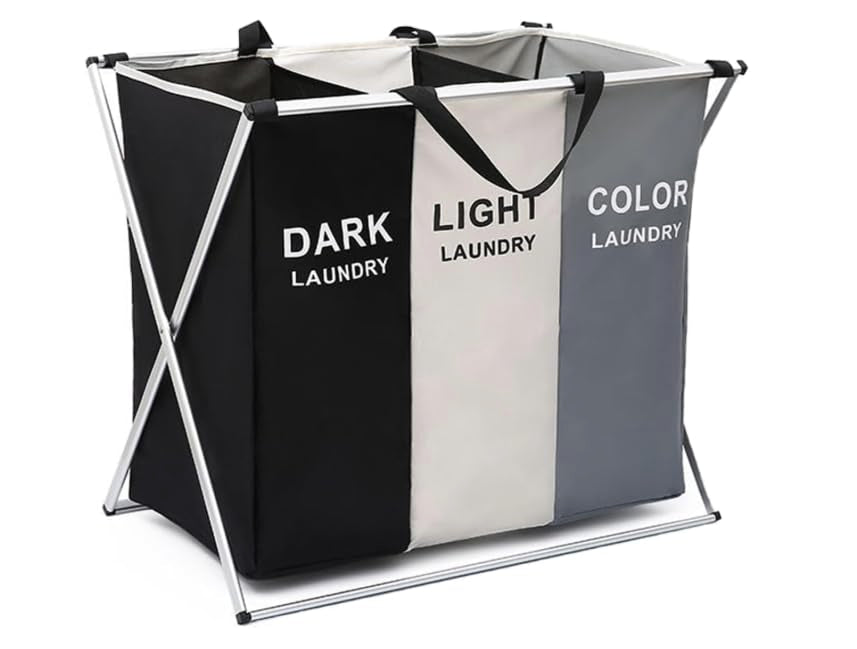 Description: HOMIES, 3 Section Foldable Laundry Basket Clothes Hamper Organizer Waterproof Laundry Sorter with Aluminum Frame La