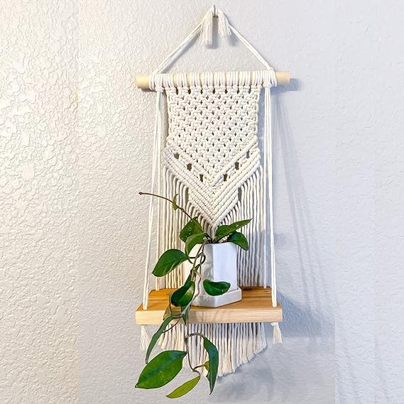 Muizz Macram Wooden Wall Hanging Shelf | Modern Chic Woven Macrame Tapestries, Wall Art Home Decor For Apartment, Dorm, Bedroom,