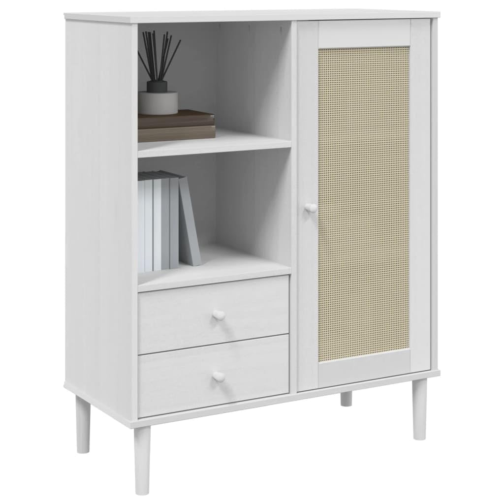 vidaXL Highboard SENJA, Solid Pinewood with UV Varnish Finish, White Large Storage Sideboard with Poly Rattan Look Surface, Dimensions 35.4&quot;x15.7&quot;x44.1&quot;