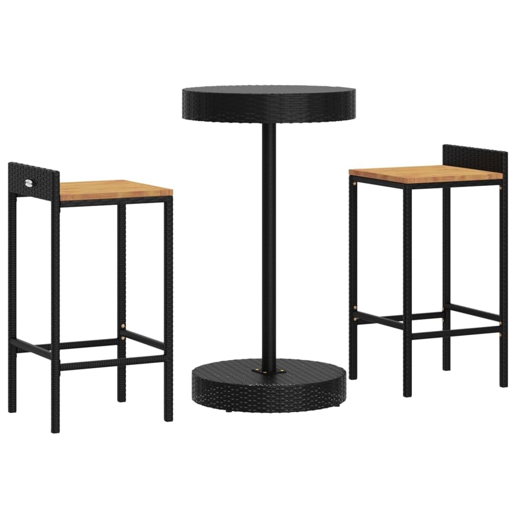 vidaXL Patio Bar Set 3 Piece, Kitchen Bar Table Set with 2 Stools, Wicker Outdoor Bar Set for Backyard Patio, Black Poly Rattan and Solid Wood Acacia