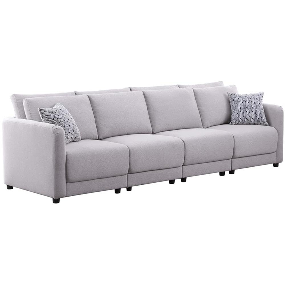 Lilola Home Penelope Light Gray Linen Fabric 4-Seater Sofa with Pillows