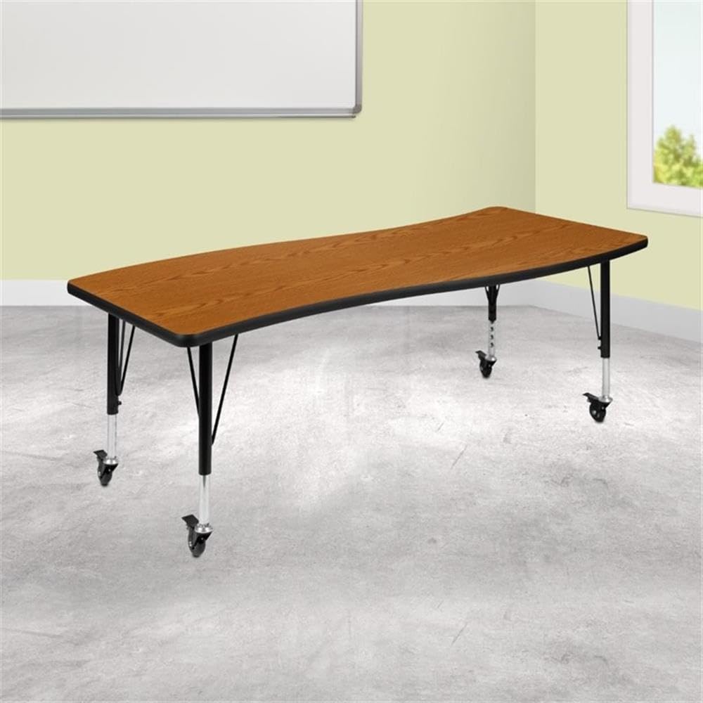 Flash Furniture Mobile 26&quot;W x 60&quot;L Rectangular Wave Collaborative Oak Thermal Laminate Activity Table - Height Adjustable Short Legs