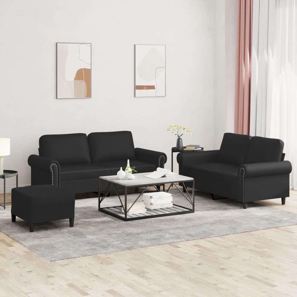 vidaXL 3-Piece Black Faux Leather Sofa Set with Cushions - Modern Stylish Living Room Furniture Includes Versatile Footstool and Comfortable 2-Seater Sofas
