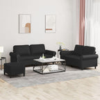 vidaXL 3-Piece Black Faux Leather Sofa Set with Cushions - Modern Stylish Living Room Furniture Includes Versatile Footstool and Comfortable 2-Seater Sofas