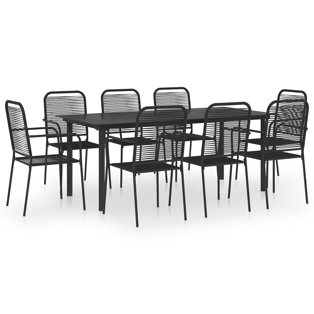 vidaXL Retro Patio Dining Set - 7 Piece Set with Powder-Coated Steel, Glass, and Cotton Rope Materials - Black - Includes 1 Table and 6 Chairs