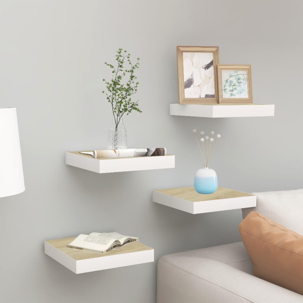 vidaXL 4 pcs Floating Wall Shelves - Honeycomb MDF and Metal Construction, Oak and White - 19.7&quot;x9.1&quot;x1.5&quot;