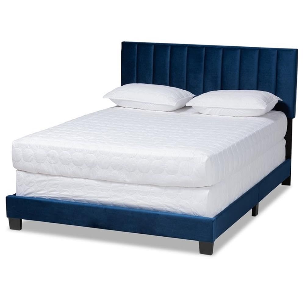 Baxton Studio Clare King Size Navy Blue Velvet Panel Bed - Thumbnail 4