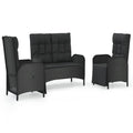 vidaXL Modern 3-Piece Patio Dining Set with Cushions - Weather- PE Rattan, Adjustable Chairs & Practical Glass Tabletop, Black