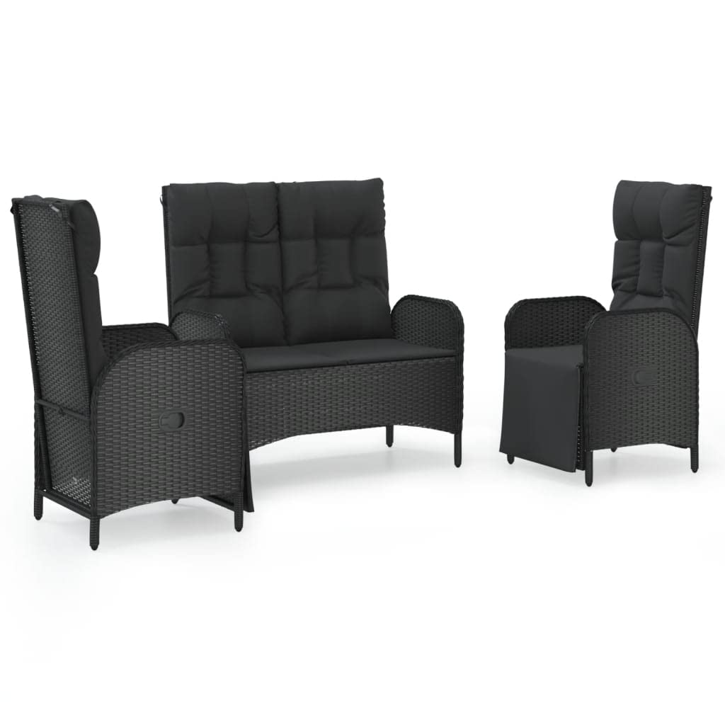 vidaXL Modern 3-Piece Patio Dining Set with Cushions - Weather- PE Rattan, Adjustable Chairs & Practical Glass Tabletop, Black