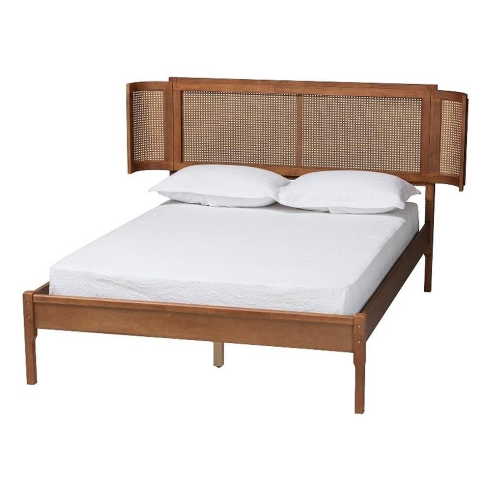 Baxton Studio Eridian Mid-Century Modern Walnut Brown Finished Wood and Natural Rattan Full Size Platform Bed