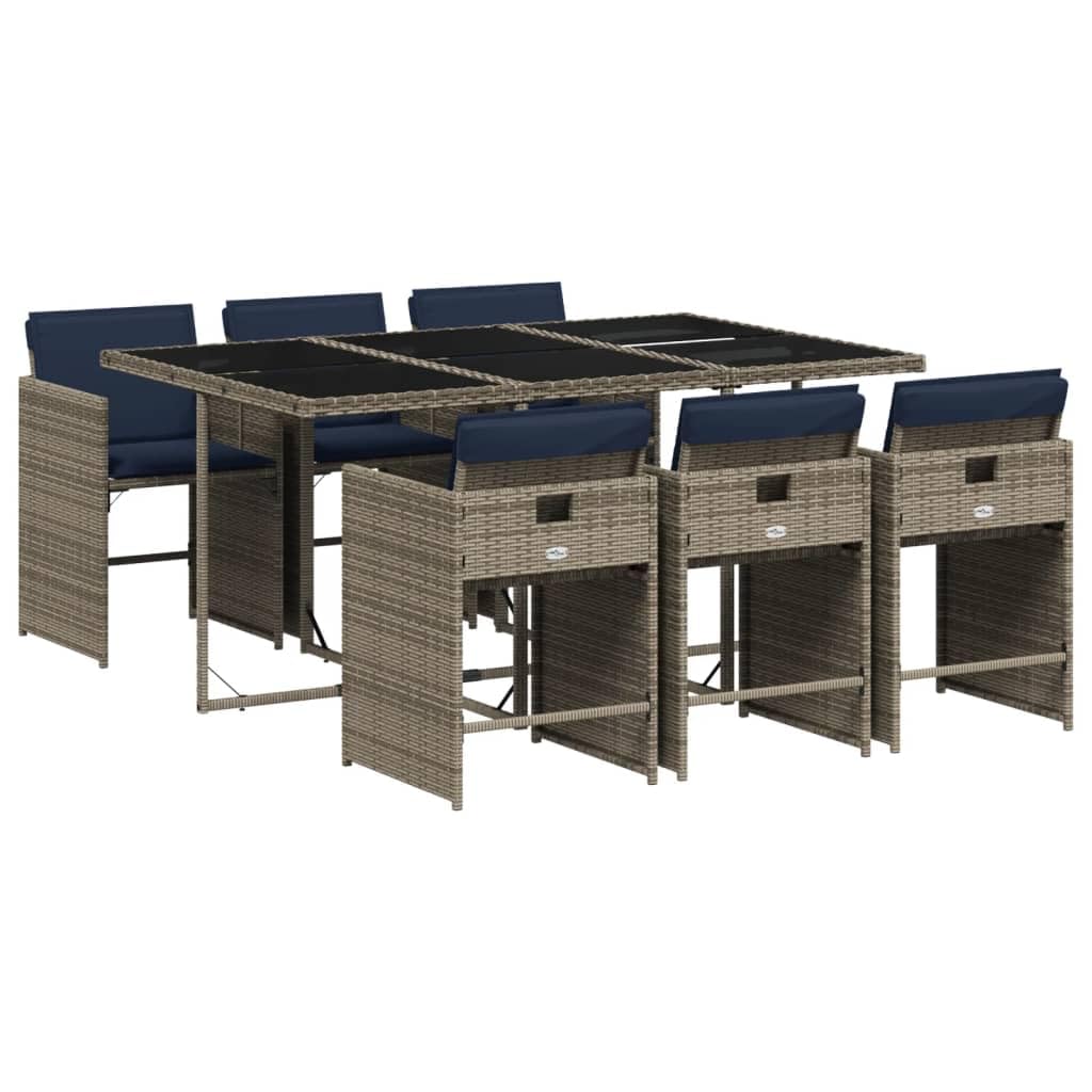 vidaXL Patio Dining Set - 7 Piece Outdoor Furniture with Cushions, Foldable Gray PE Rattan Chairs, Garden, Backyard, Patio - Gray/Navy Blue