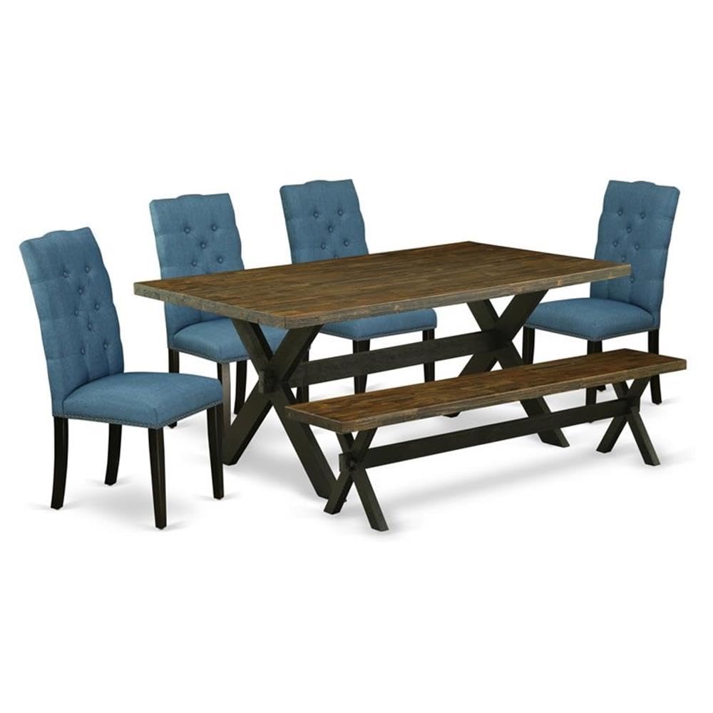 East West Furniture X677El121-6 6 Piece Dining Set Contains A Rectangle Dining Room Table With X-Legs And 4 Blue Linen Fabric Parson Chairs With A Bench, 40X72 Inch, Multi-Color