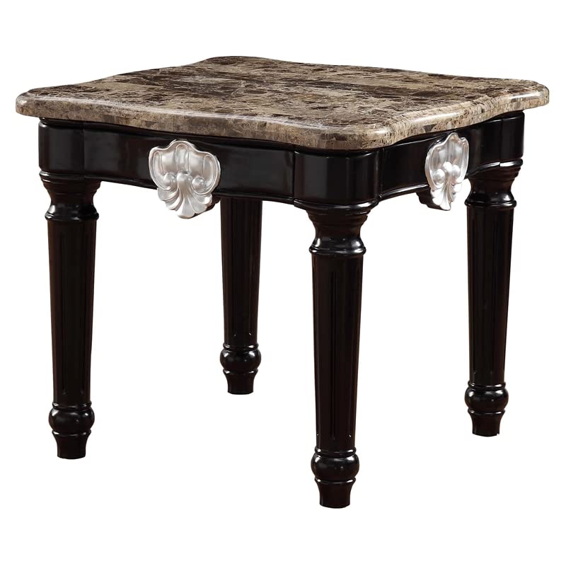 Acme Ernestine Marble Top End Table with Carved in Black