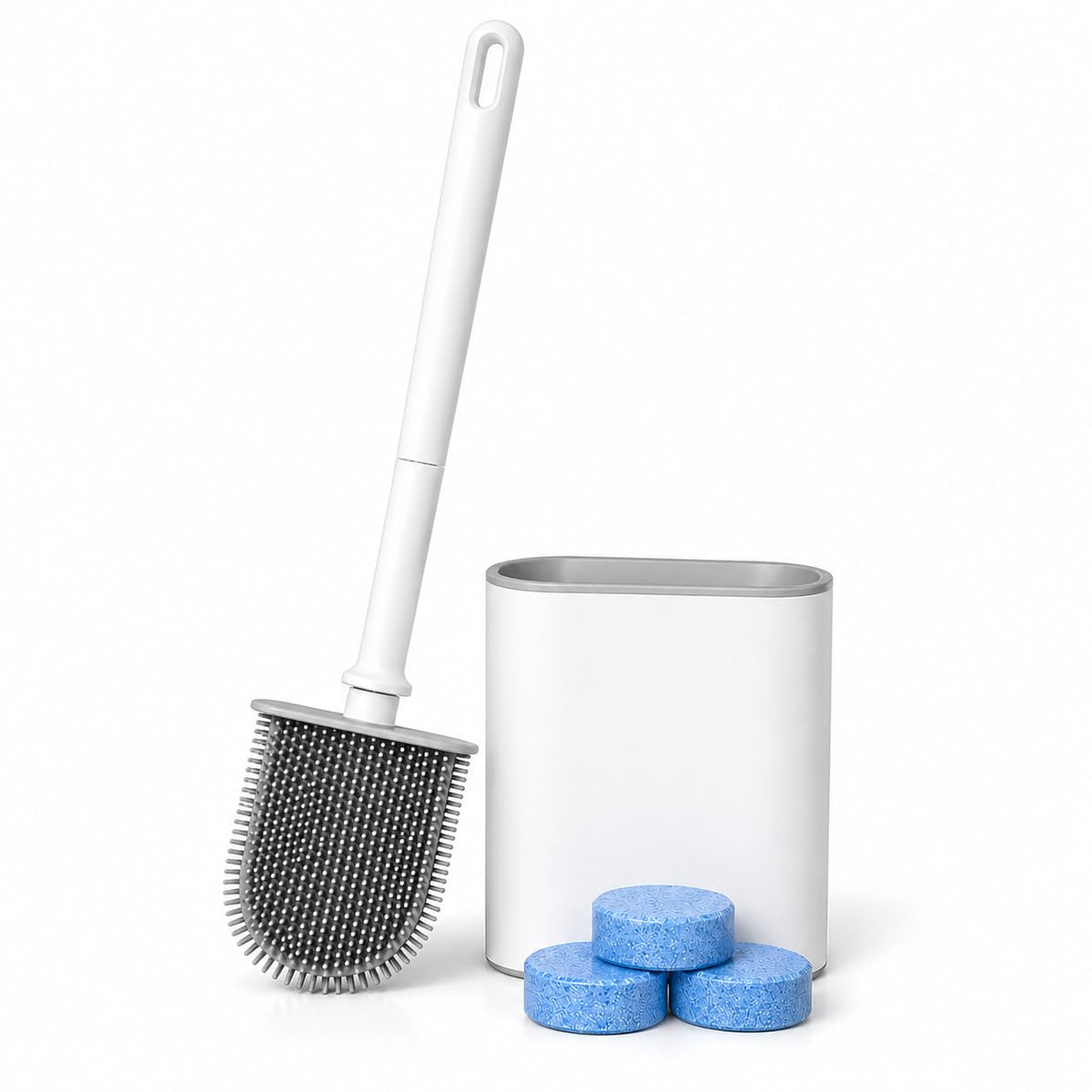 Silicone Toilet Brush and Holder Set with 3 Cleaning Tablets, QuickDry Base, Flexible NonScratch Bristles, OdorFree Bathroom 