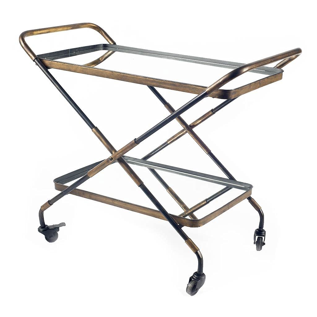 HomeRoots Gold/Black Rectangular Black and Gold Metal with Mirror Glass Shelves Bar Cart