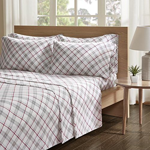 Comfort Spaces Cotton Flannel Breathable Warm Deep Pocket Sheets With Pillow Case Bedding, King, Grey/Red Plaid 4 Piece