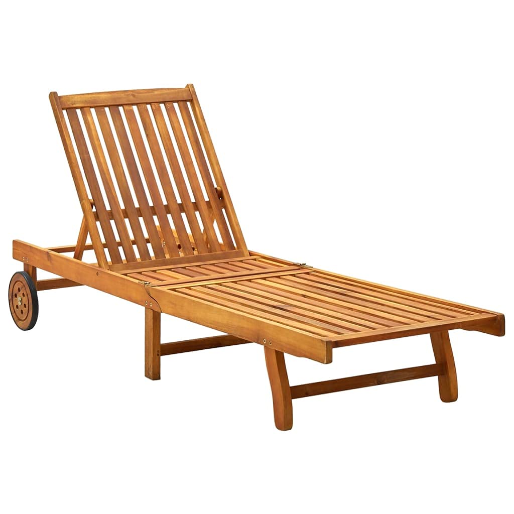 vidaXL Wooden Sun Lounger with Adjustable Backrest and 2 Wheels, Solid Acacia Wood for Durability, Ideal for Patio/Garden/Pool Area Relaxation, Assembly Required