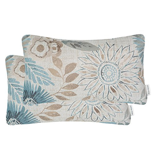 Mika Home Pack Of 2 Decorative Oblong Rectangular Throw Pillow Cover Cushion Cases For Chair,Sunflower Pattern,12X20 Inches, Blu
