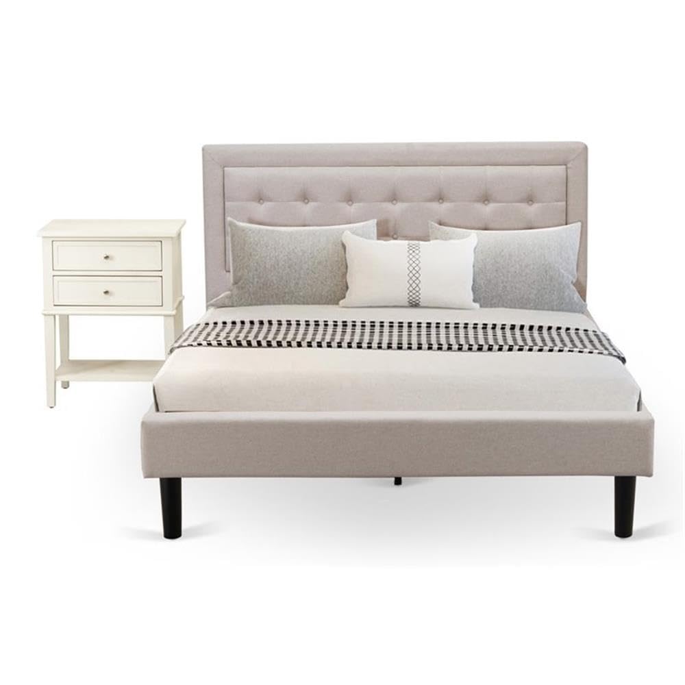 East West Furniture FN08Q-1VL0C 2-Piece Fannin Queen Bedroom Set with 1 Queen Bedframe and a Small End Table - Reliable and Sturdy Manufacturing - Mist Beige Linen Fabric