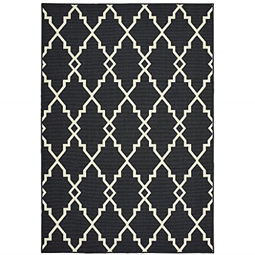 HomeRoots Polypropylene 7’x10’ Black and Ivory Trellis Indoor Outdoor Area Rug