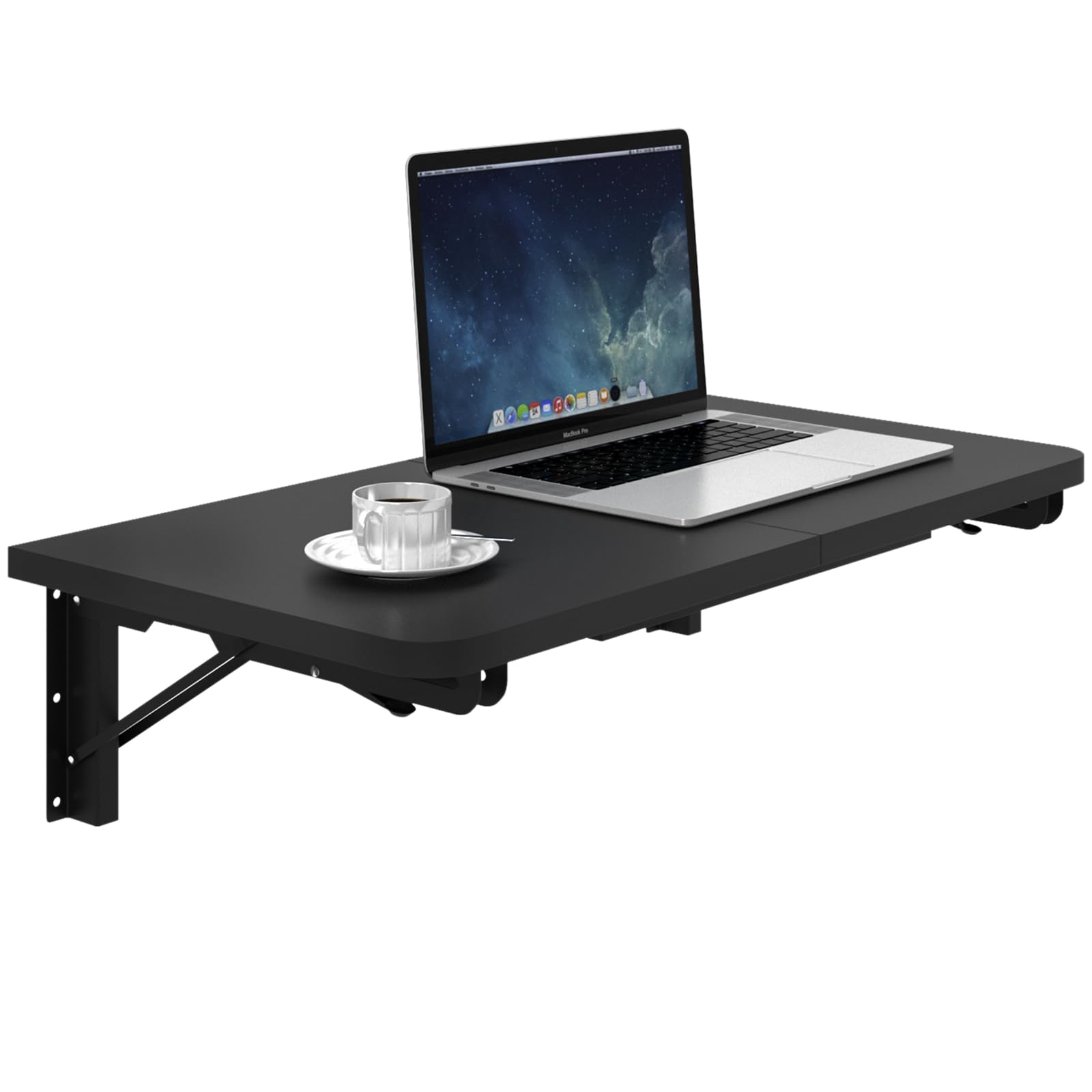 Teamix Wall Mounted Folding Table, Black Floating Desk For Small Spaces, Drop Leaf Dining Table For Kitchen Fold Down Laundry Shelf With Heavy-Duty Brackets