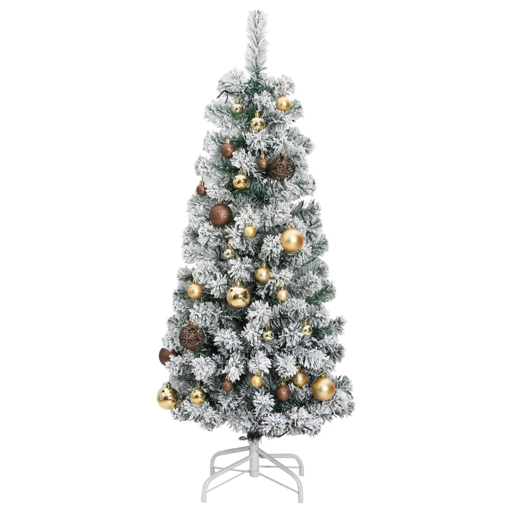 Vidaxl Modern Artificial Hinged Christmas Tree - Green And White Flocking, Golden Balls, Led String Lights - 47.2" Height