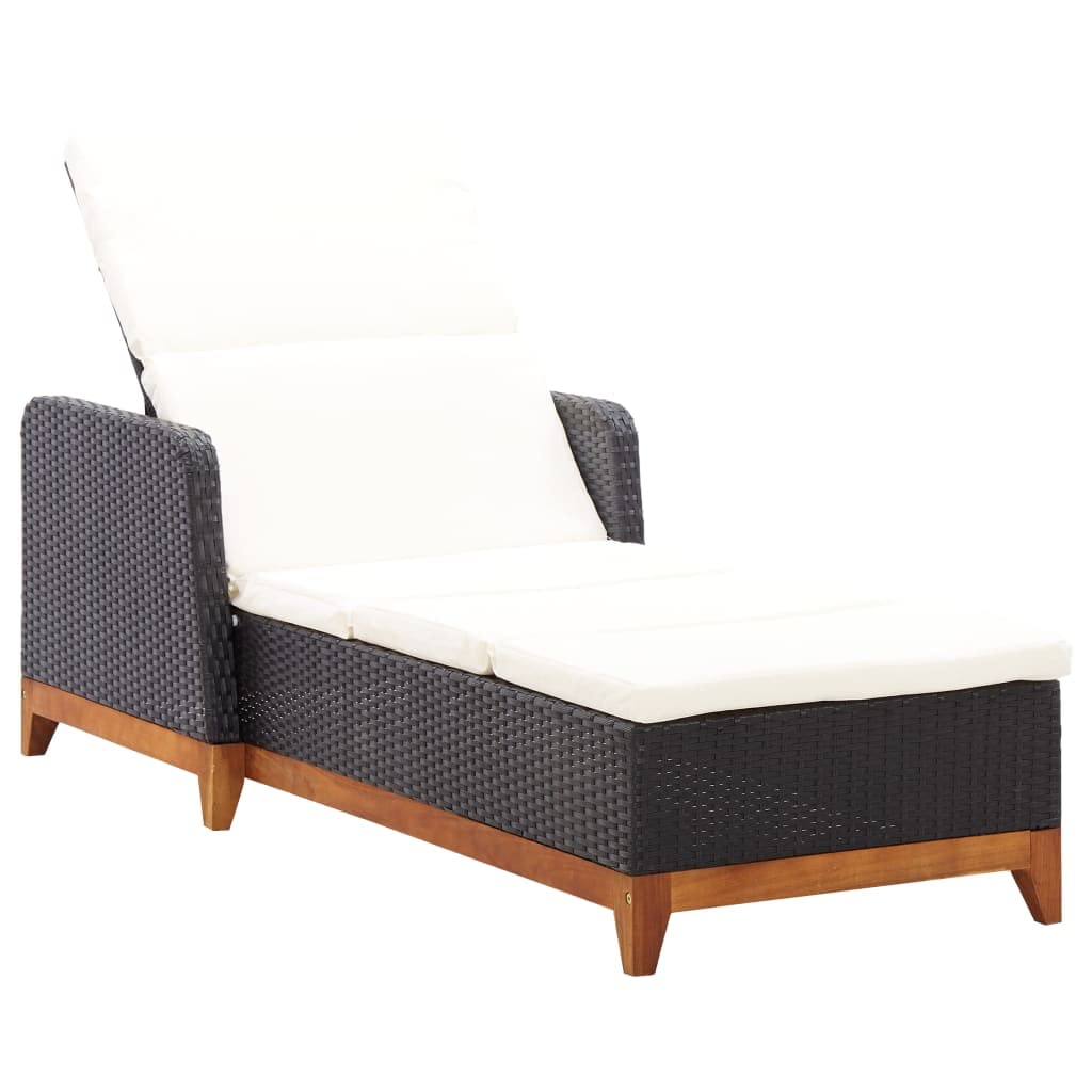 vidaXL Weather-Resistant Sun Lounger – Black Poly Rattan Outdoor Reclining Sunbed with Solid Acacia Wood Base and Removable Cushion