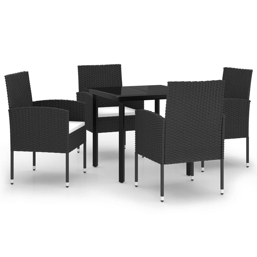 vidaXL 5-Piece Patio Dining Set – Black Outdoor Seating Solution with Rattan Chairs and Glass Tabletop – Ideal for Garden, Patio, and Poolside Use