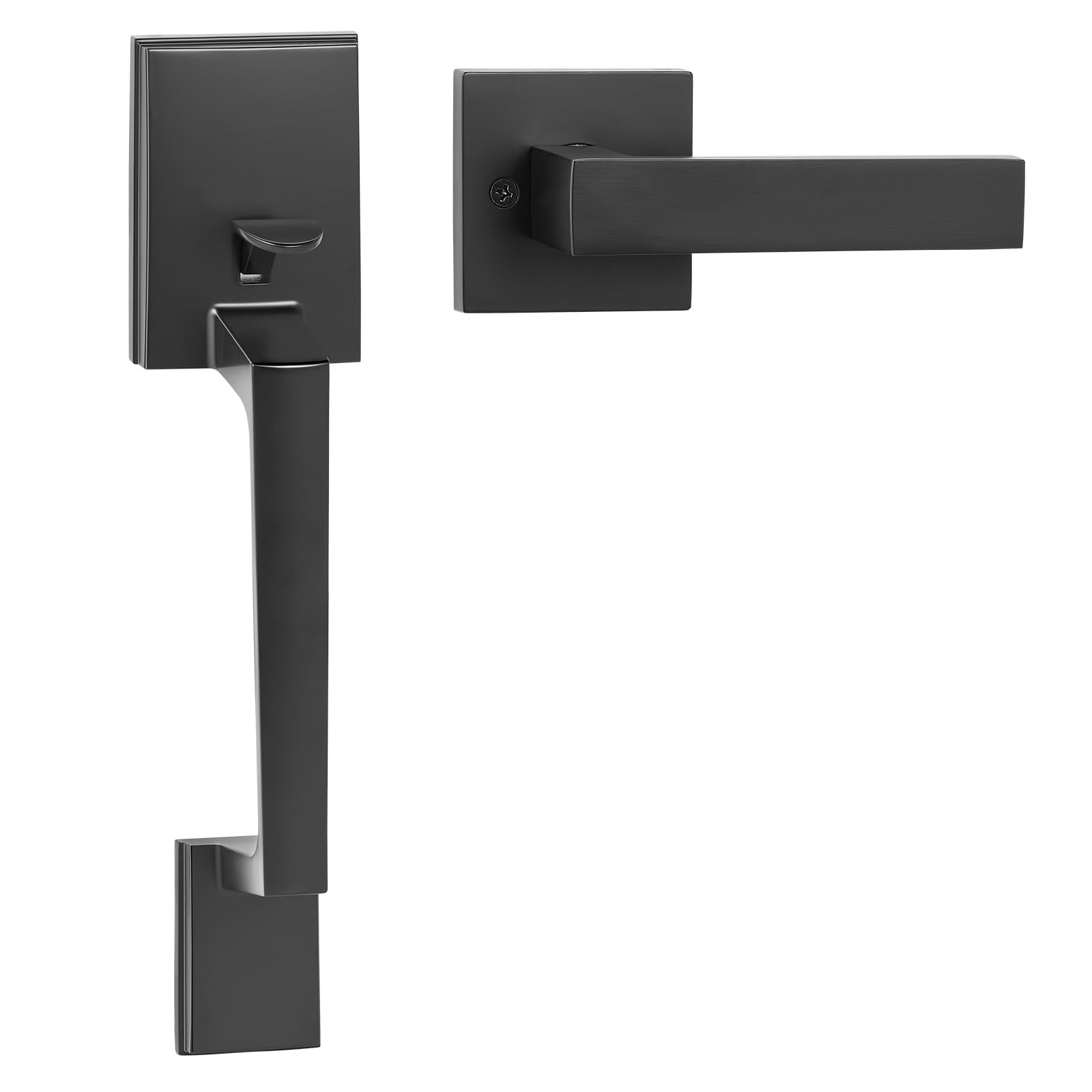 VEVOR Front Door Handle, Matte Black Square Handle Set with Lever Door Handle No Lock, Adjustable Hole Space, Entry Door Handle 