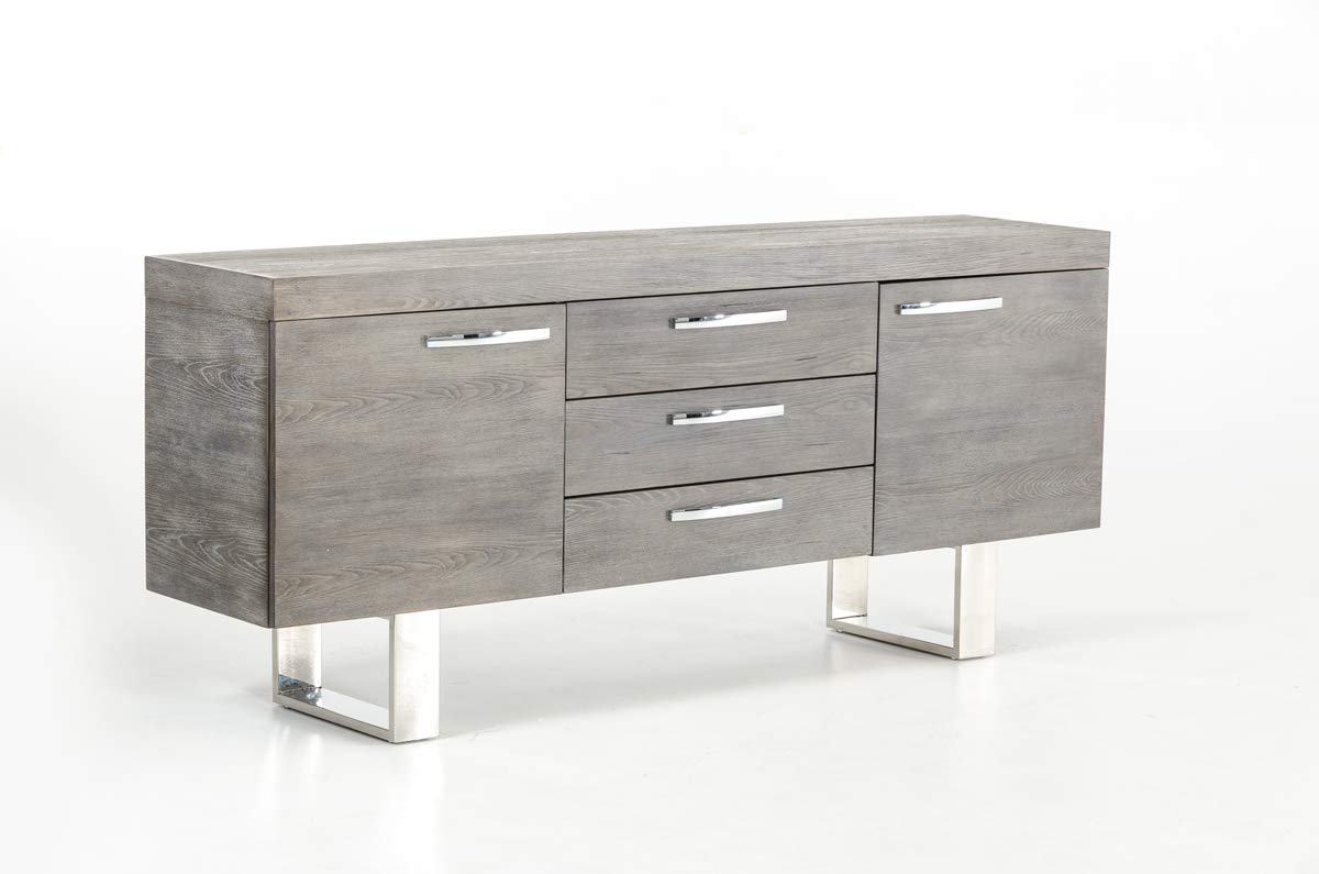 HomeRoots Veneer, Stainless Steel 34' Grey Veneer and Steel Buffet with 3 Drawers and 2 Doors